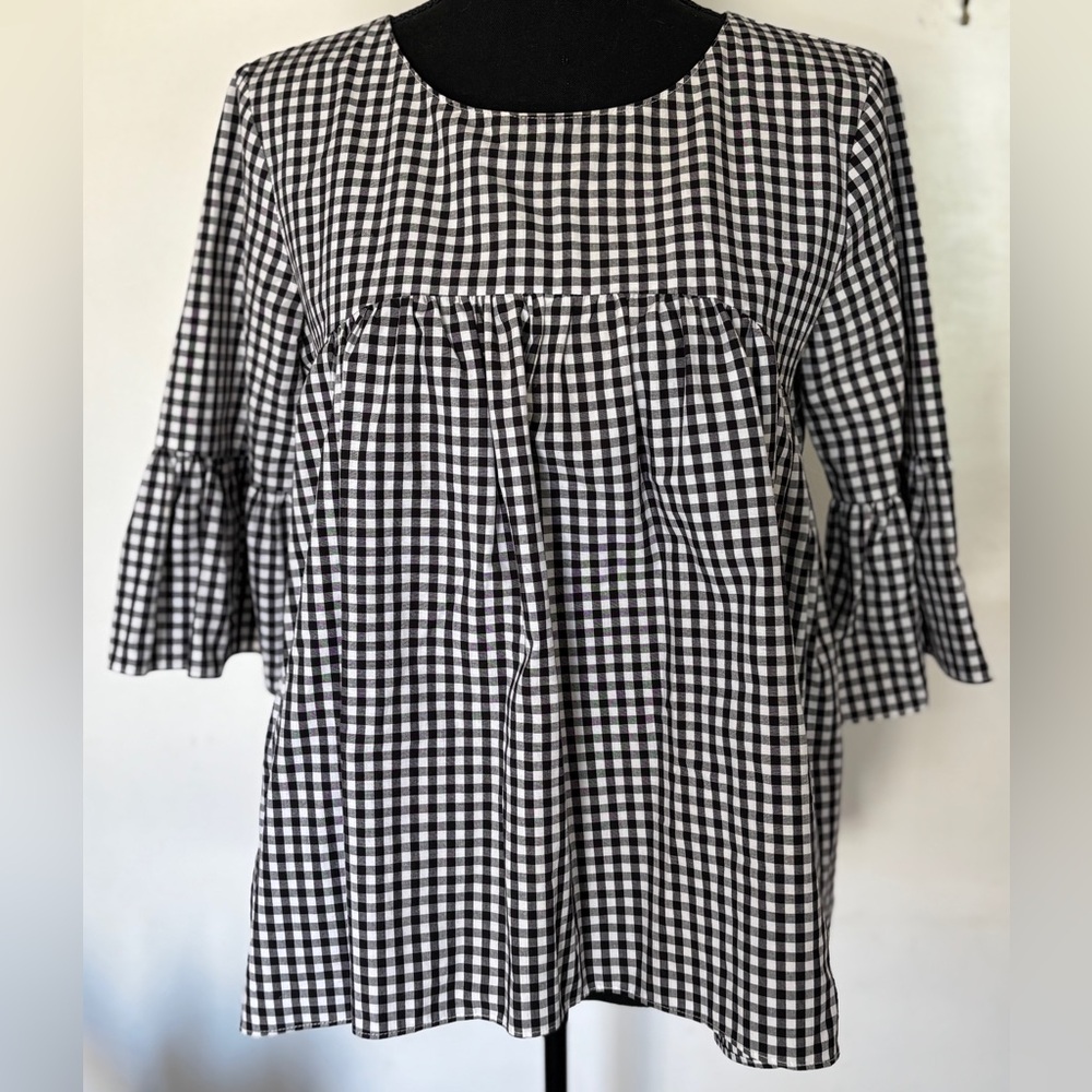 Amanda Uprichard gingham black/white ruffle 100% cotton top 3/4 length sleeve S
